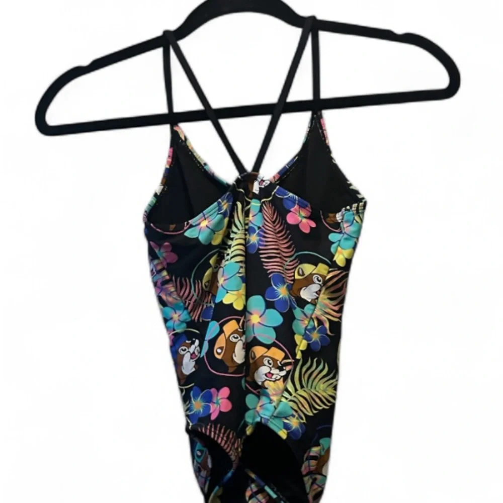 Buc-ee’s Tropical Palms Beaver Logo Hawaiian Floral One Piece Swim Suit YL Girls